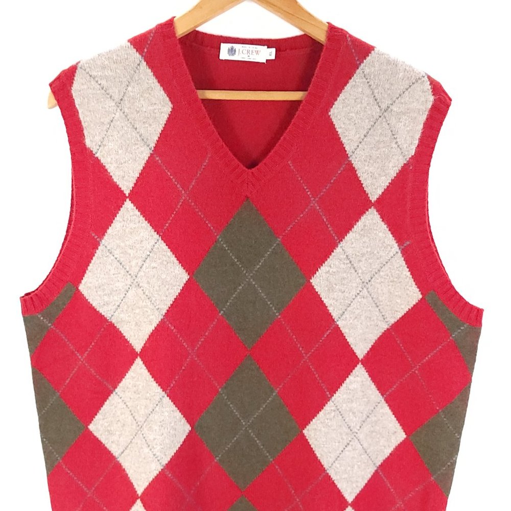 J Crew Sweater Vest Men's XL Red Brown Argyle Lambswool Preppy